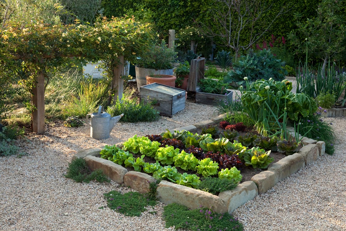 Raised herb garden in pea gravel