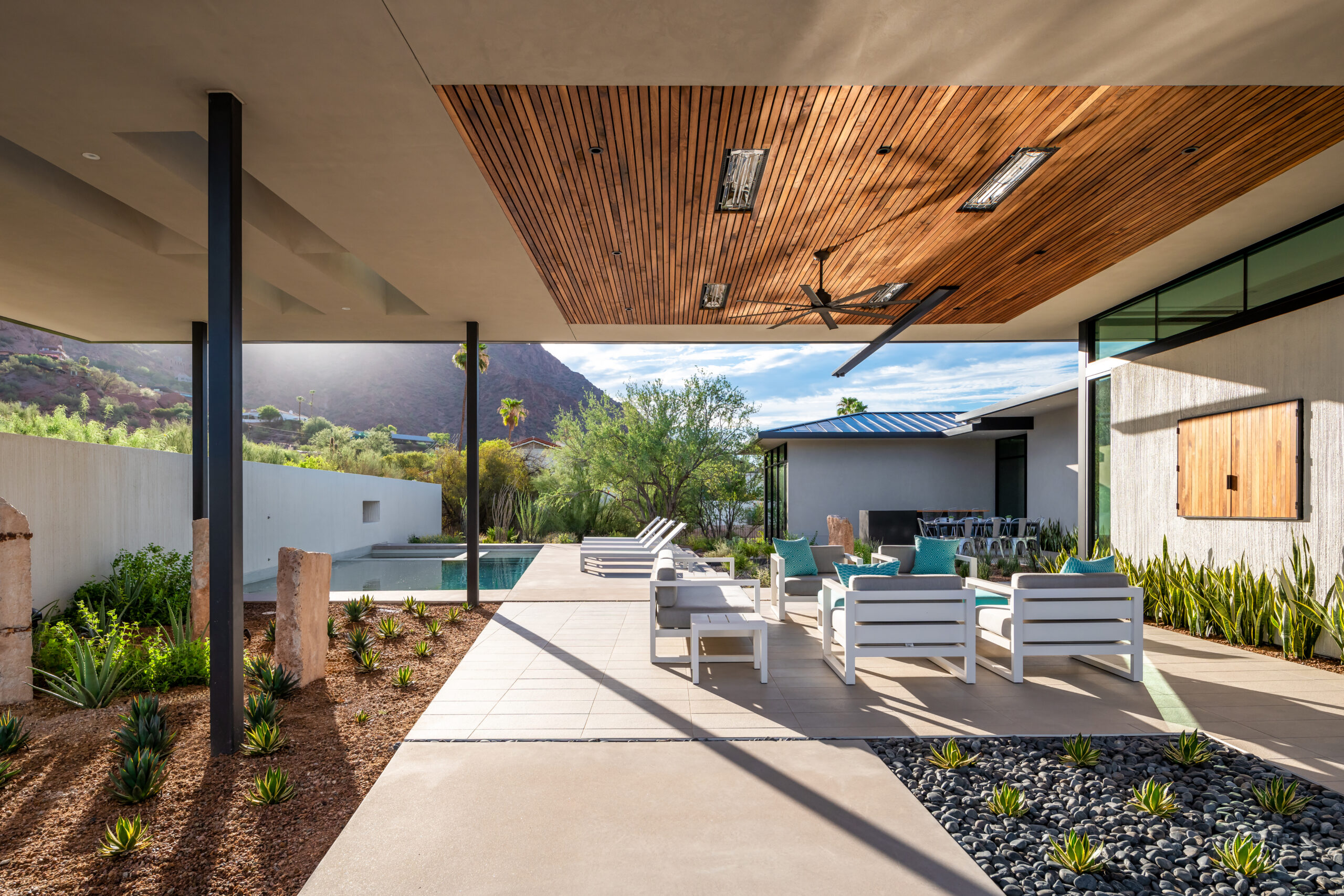 Trueform Landscape architects design drought tolerant landscape in Arizona with in-ground swimming pool and views to nearby mountains.