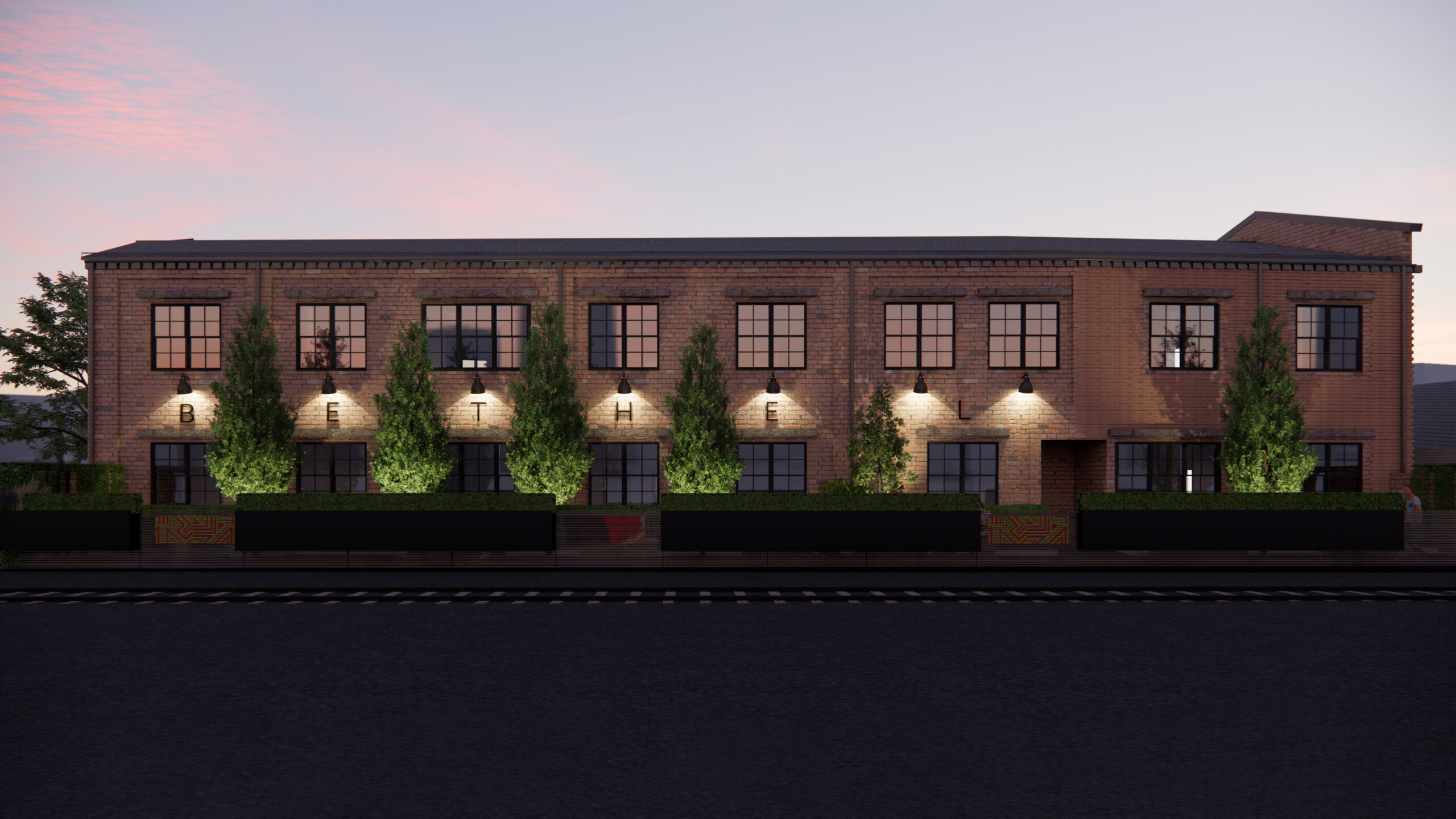 Night time rendering of industrial building with Rhino and Enscape.