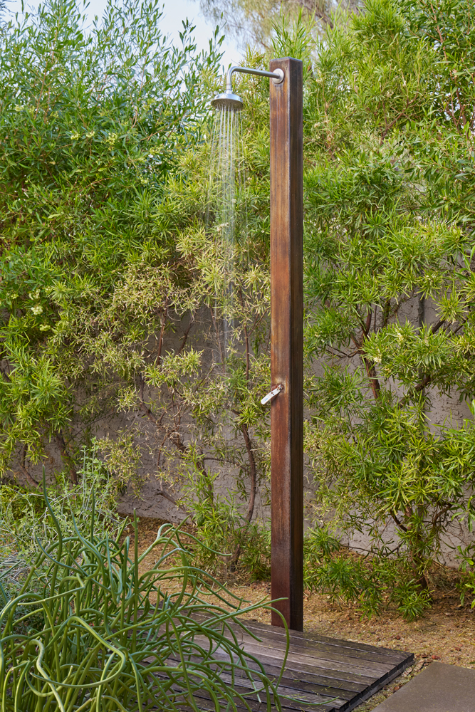TRUEFORM Landscape Architects include native desert plants around outdoor shower.