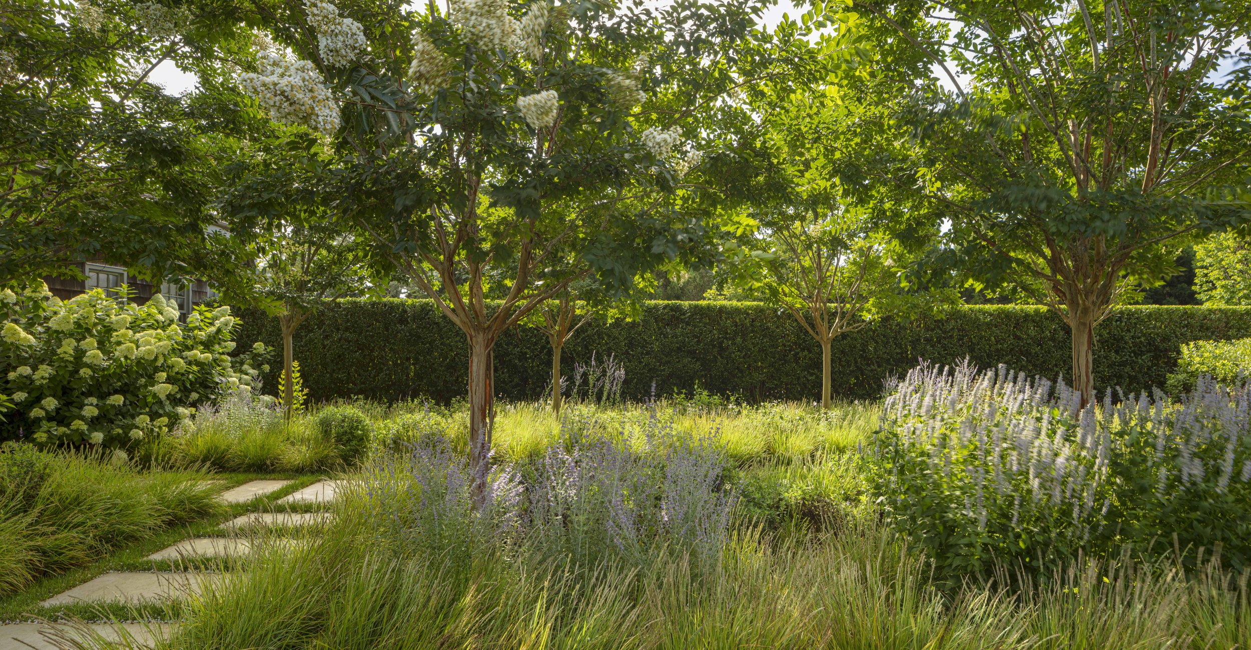 LaGuardia Design Group creates native landscape gardens around property with formal hedges to separate spaces